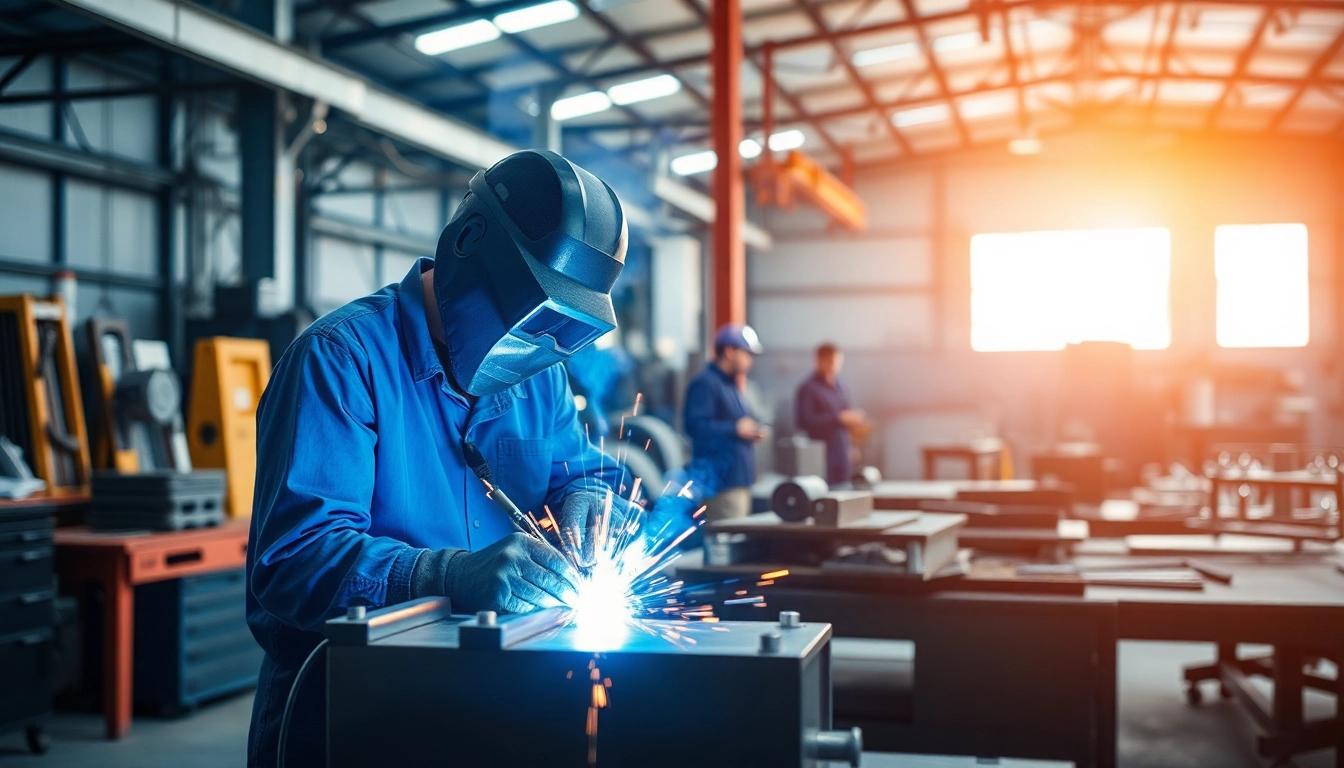 Workers in industrial fabrication edmonton engaged in precise welding at a busy workshop.