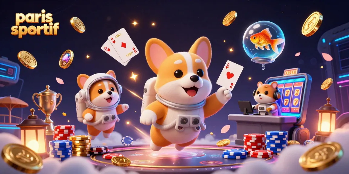 Paris sportif : mise en scène colorée et animée des paris sportifs avec un corgi astronaute.