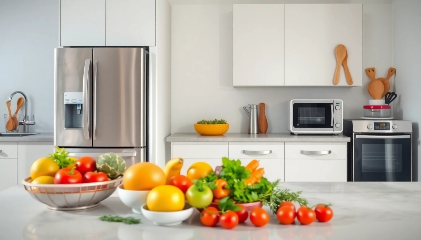 Showcasing affordable appliance options in a modern kitchen setup with vibrant colors and inviting atmosphere.