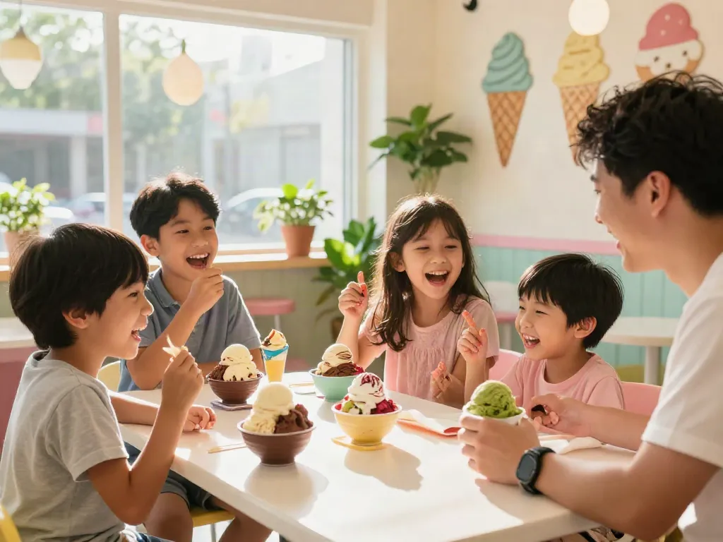 Delightful family enjoying rokok88 ice cream flavors in a vibrant parlor.