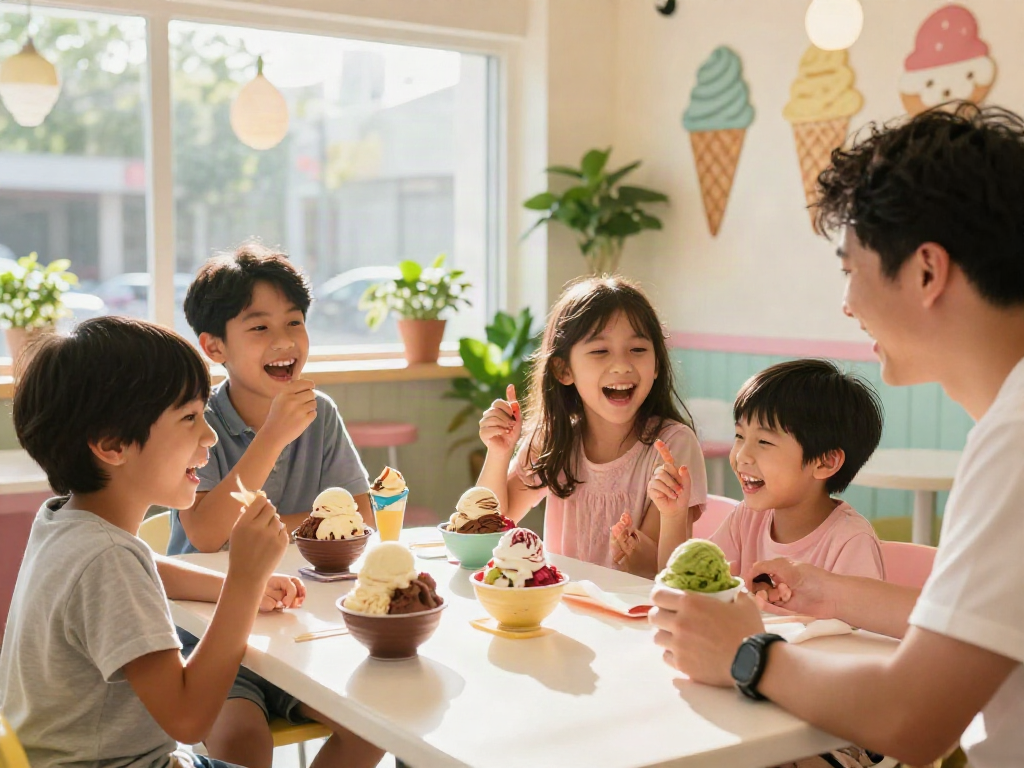 Delightful family enjoying rokok88 ice cream flavors in a vibrant parlor.