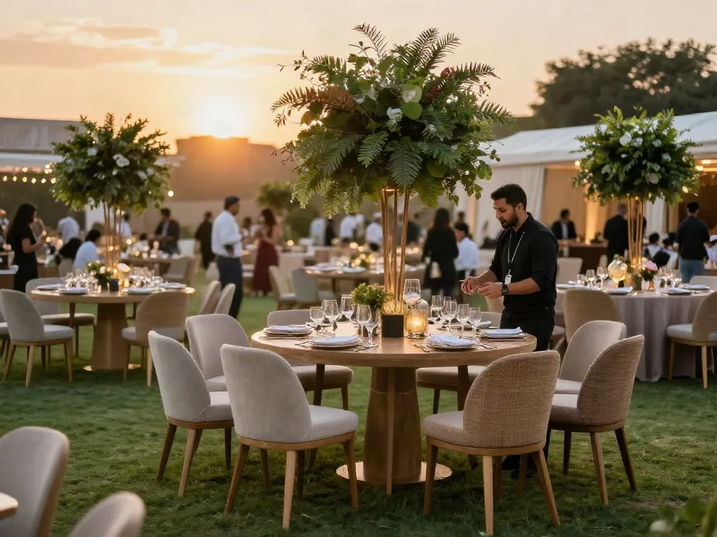 Event furniture rental setup featuring elegant tables and seating in an outdoor setting.