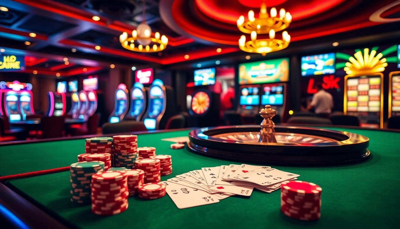 Scène captivante d'un casino en ligne argent réel France avec des jetons de poker et une roue de roulette.