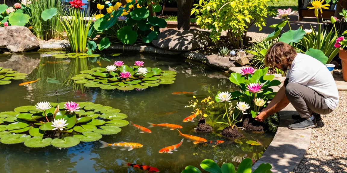 Pond Plants flourishing in a serene garden pond, with vibrant water lilies and a gardener planting new varieties.