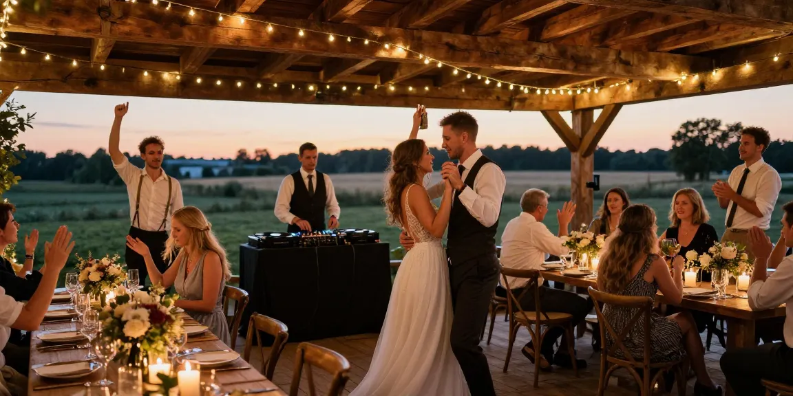 Hochzeit DJ Brandenburg: Hochzeitsfeier mit DJ und tanzendem Paar auf romantischem Gelände.