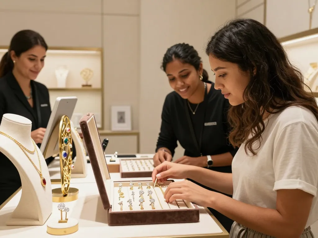 Shopper in jewelry store exploring stunning gold necklaces and diamonds, learn more about elegant designs.