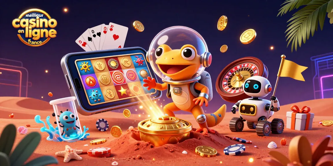 Illustration dynamique de "meilleur casino en ligne france" avec un gecko Martien découvrant un casino doré sur Mars.