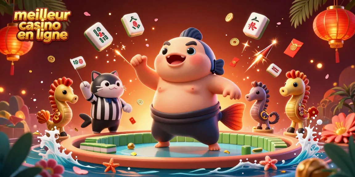 Illustration 3D d'un fugu en ceinture de sumo, représentant le meilleur casino en ligne avec ambiance festive.