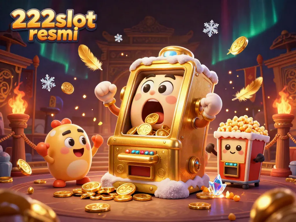 Mesin slot emas 222slot resmi merayakan kemenangan jackpot dengan koin berjatuhan pada ilustrasi 3D