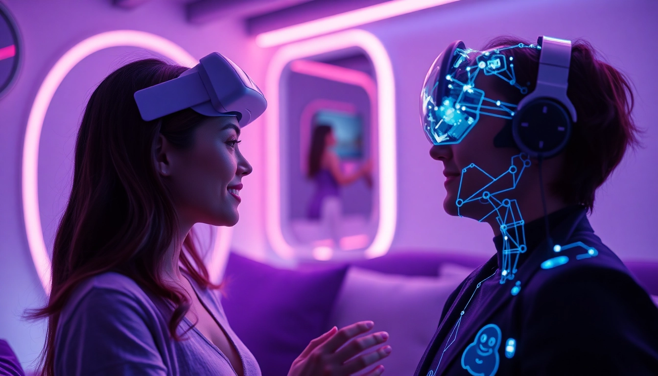AI sex interaction in a futuristic virtual reality setting with lifelike holographic companions.