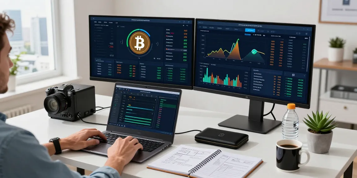 bitcoin mining investment workspace with monitors, crypto charts, and a hardware wallet in a modern home office setting