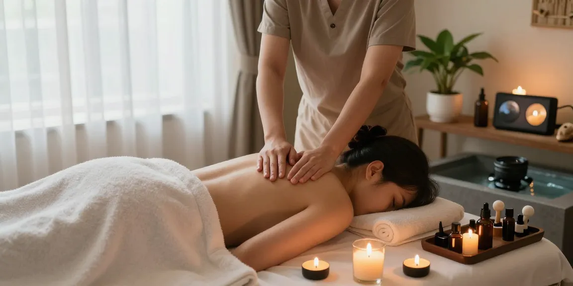 마사지 treatment in a serene spa environment with candles and soft towels.