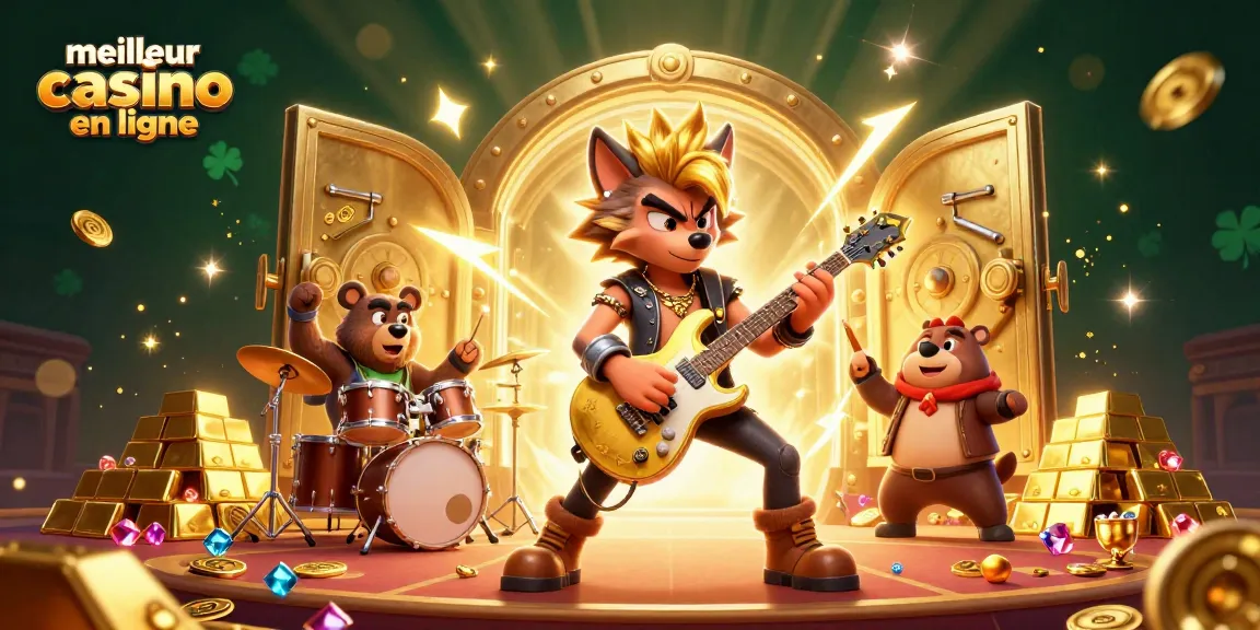 Illustration de meilleur casino en ligne avec des personnages animés jouant sur une scène pleine de richesses.