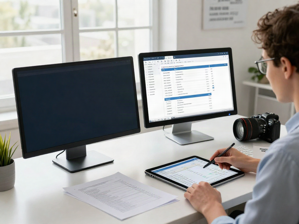 Tax professional using service bureau tax software in a modern office workspace.