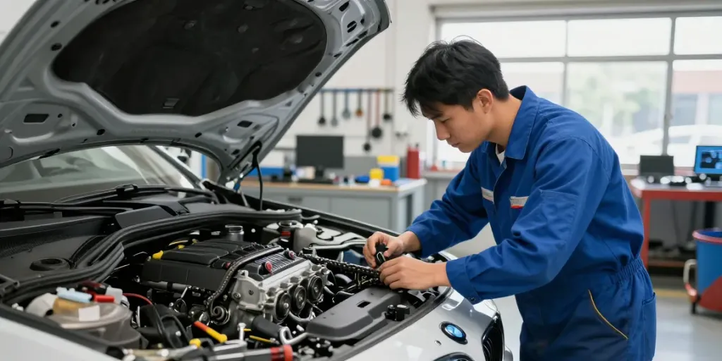 Steuerkette wechseln Hannover in einer professionellen Werkstatt mit Mechaniker und BMW-Motor.