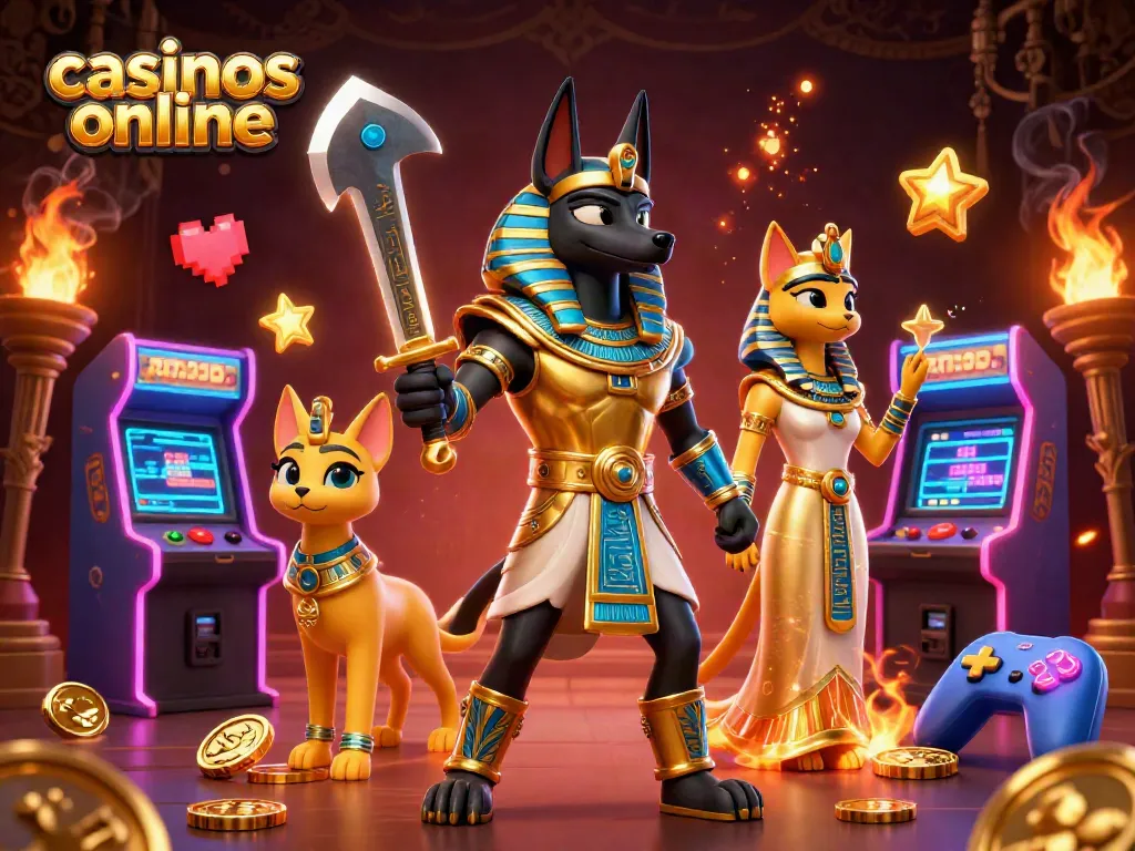 Juega en casinos online con Anubis y Bastet en una ilustración animada 3D llena de acción.