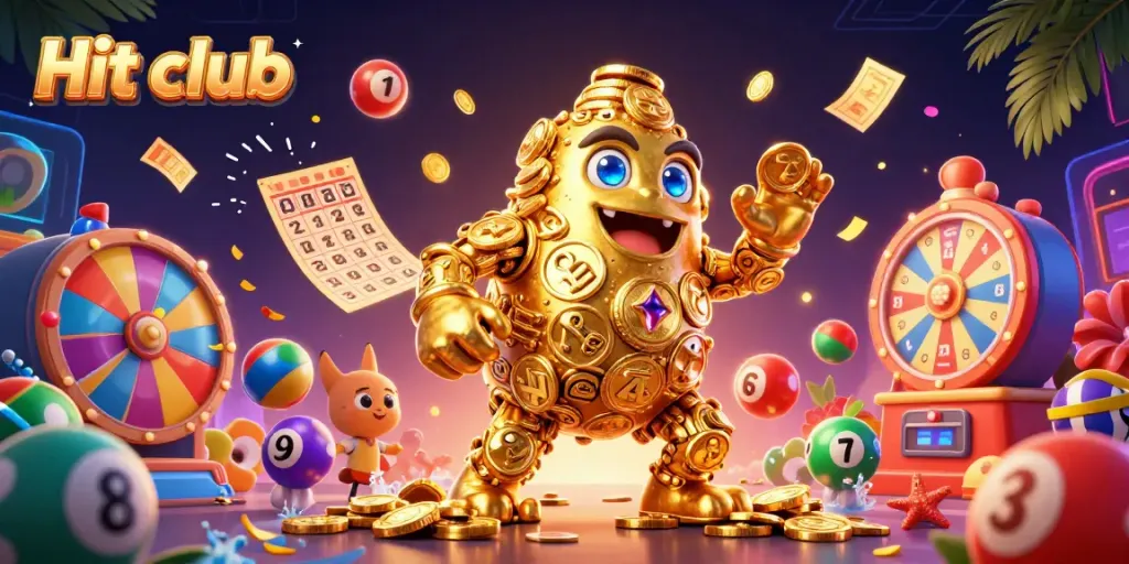 Engage with Hit club's vibrant gaming scene featuring a golden golem and colorful lottery elements.