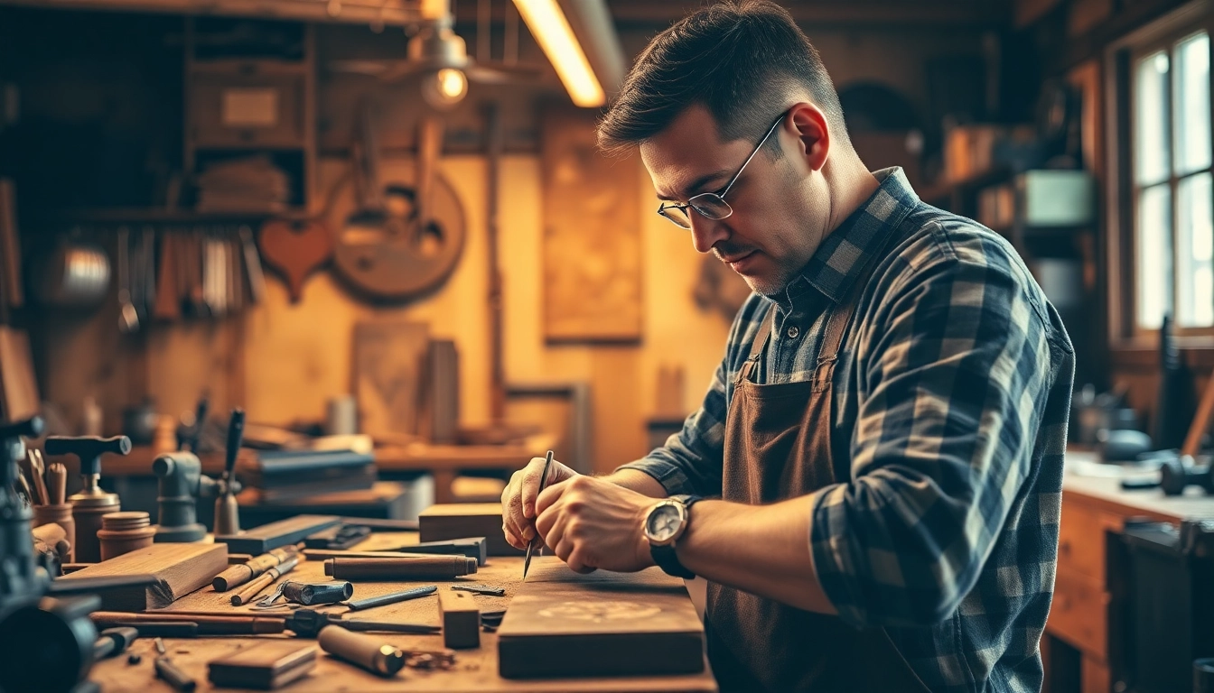 Usando herramientas brillantes, un artesano trabaja con destreza en su taller, mostrando dedicación.