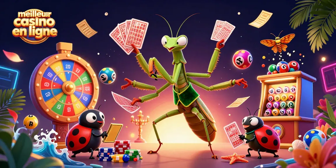 Visuel vibrant et dynamique illustrant le meilleur casino en ligne, avec un caméléon dealer et une coccinelle superviseur entourés d'éléments de jeu.