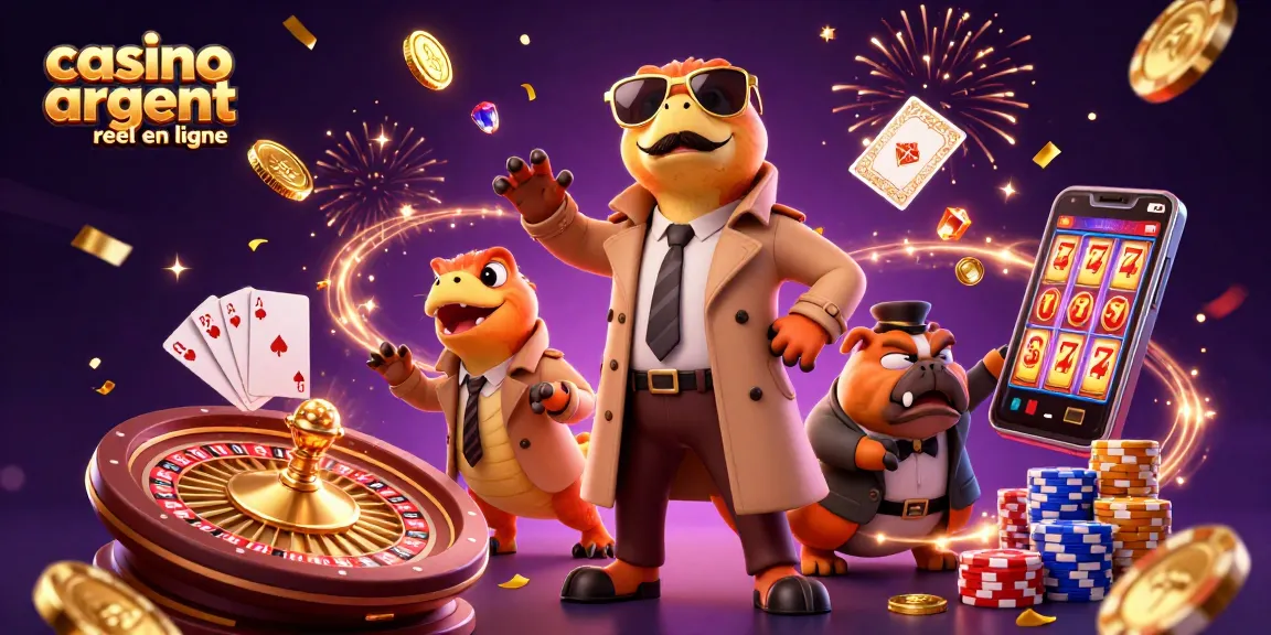 Illustration dynamique avec des raptors dans un casino, mettant en avant casino argent réel en ligne et ambiance festive.