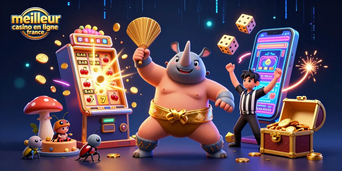Illustration dynamique représentant le meilleur casino en ligne France avec un rhinocéros sumo entouré d'éléments de jeux attrayants