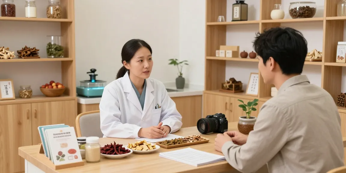 Consultation at 수원한의원 with herbalist and patient in serene clinic setting
