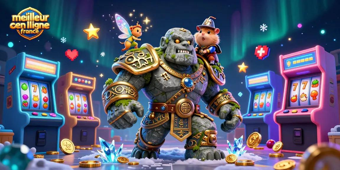 Illustration mettant en avant le meilleur casino en ligne France, avec un golem de pierre animé et des éléments de jeux colorés.
