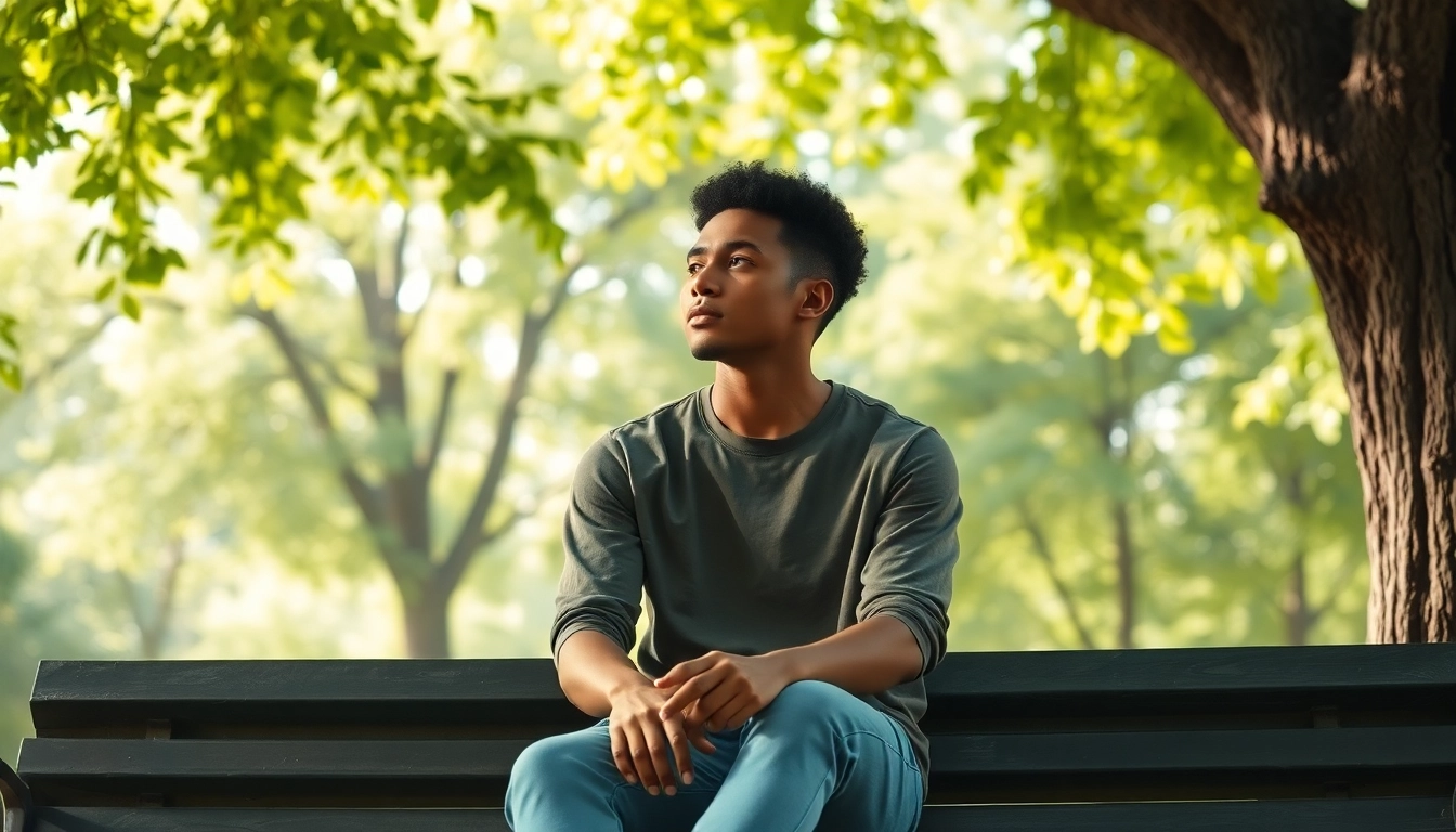 "Individual reflecting on depression symptoms in a peaceful park setting surrounded by nature."