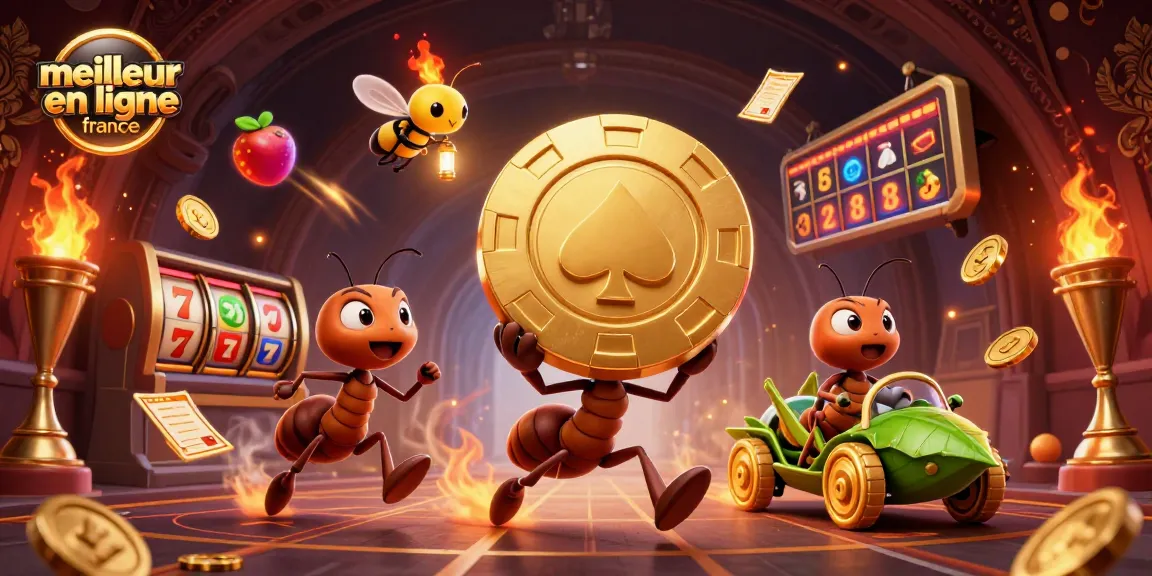 Célébrez le meilleur casino en ligne France avec une illustration dynamique de fourmis transportant une puce de poker dorée.