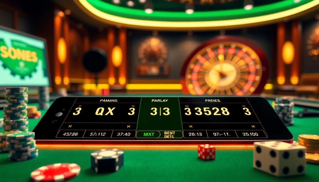 Mix Parlay betting scene with illuminated gambling interface and vibrant casino elements.