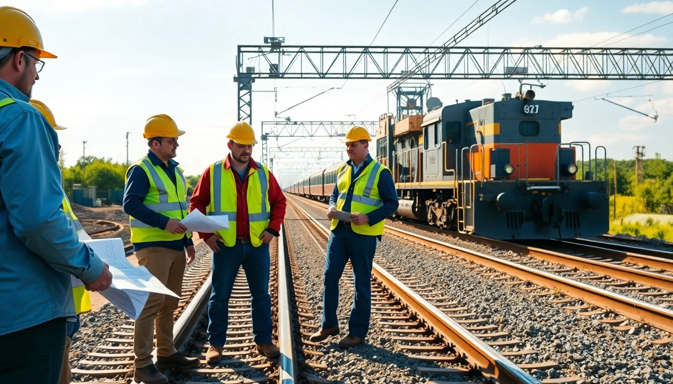 Collaborative scene of Railroad Contractors USA working on a railway project with an active train in the background.