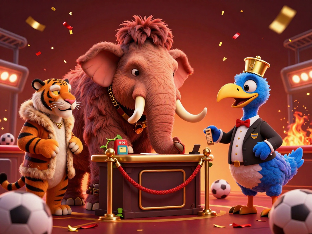 Experience judi bola excitement as a woolly mammoth checks IDs at a vibrant betting scene.