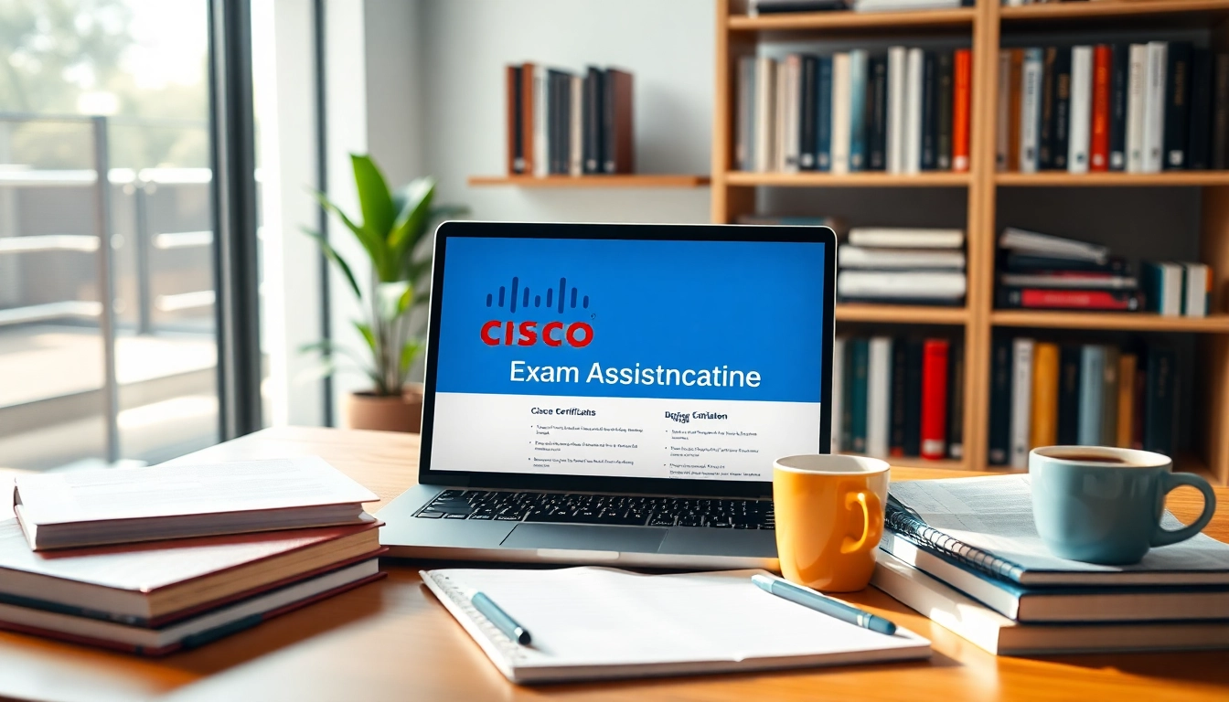 Engaging workspace showcasing Cisco exam assistance materials along with study tools and bright ambiance.