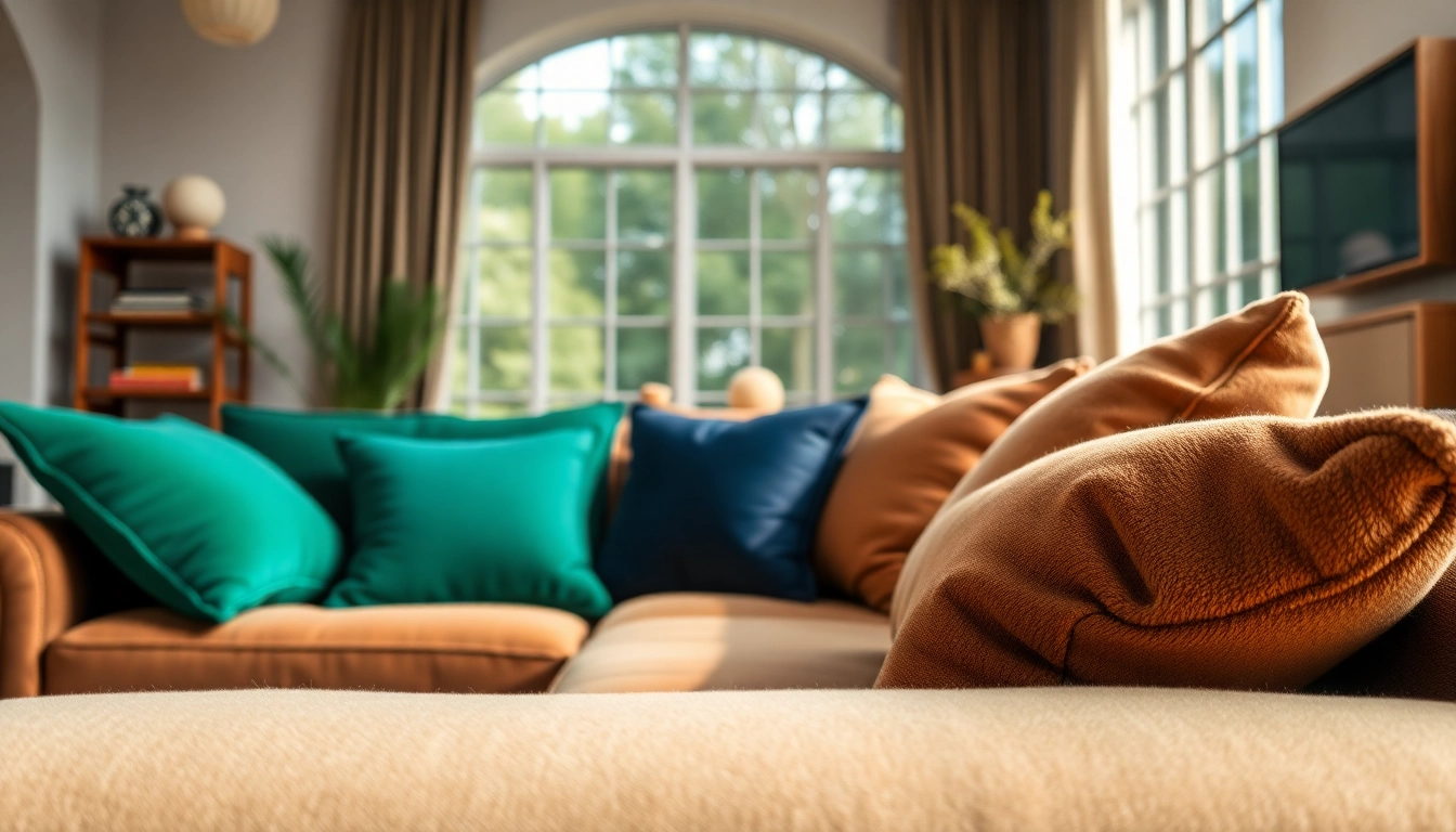 Een luxe woonkamer met stretch fluweel bekleding van een elegante bank en kussens.