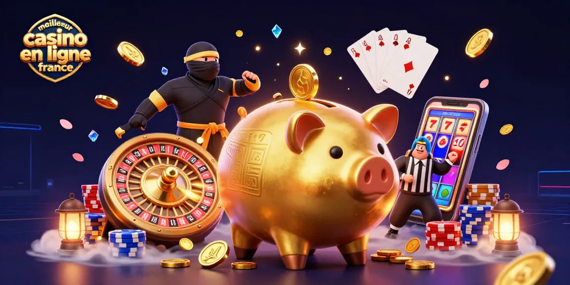 Jouer au meilleur casino en ligne France avec un sumo et un ninja dans une scène dynamique remplie d'éléments de jeu