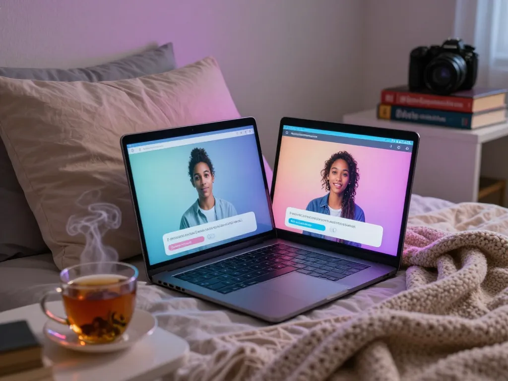 Engaging in ai sex chat via laptop in a cozy bedroom atmosphere.