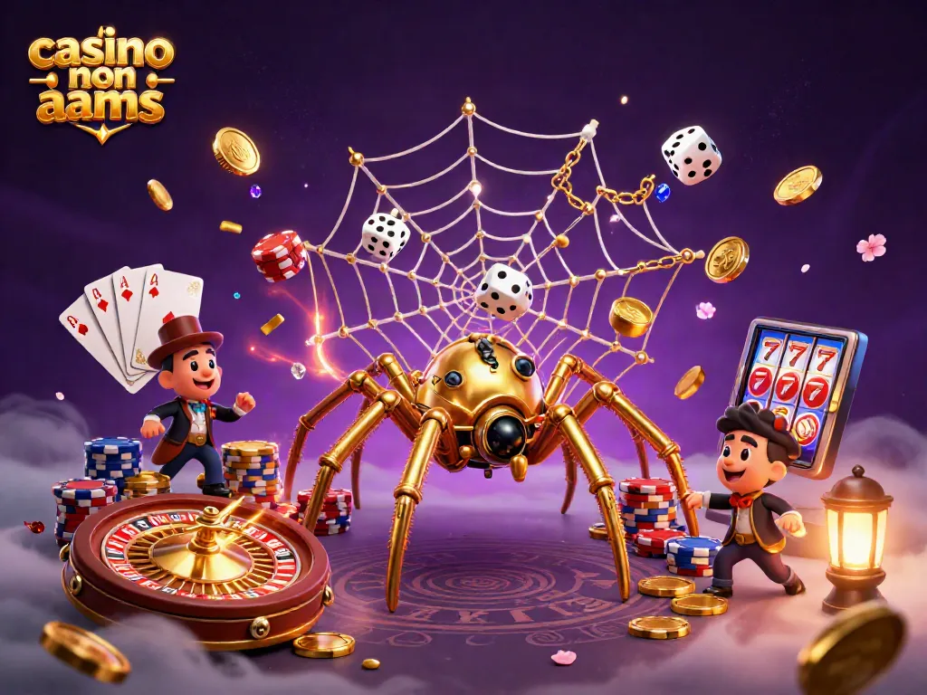 Giocando ai casino non AAMS, un ragno d'oro steampunk intrappola dadi sfortunati nella sua tela scintillante.