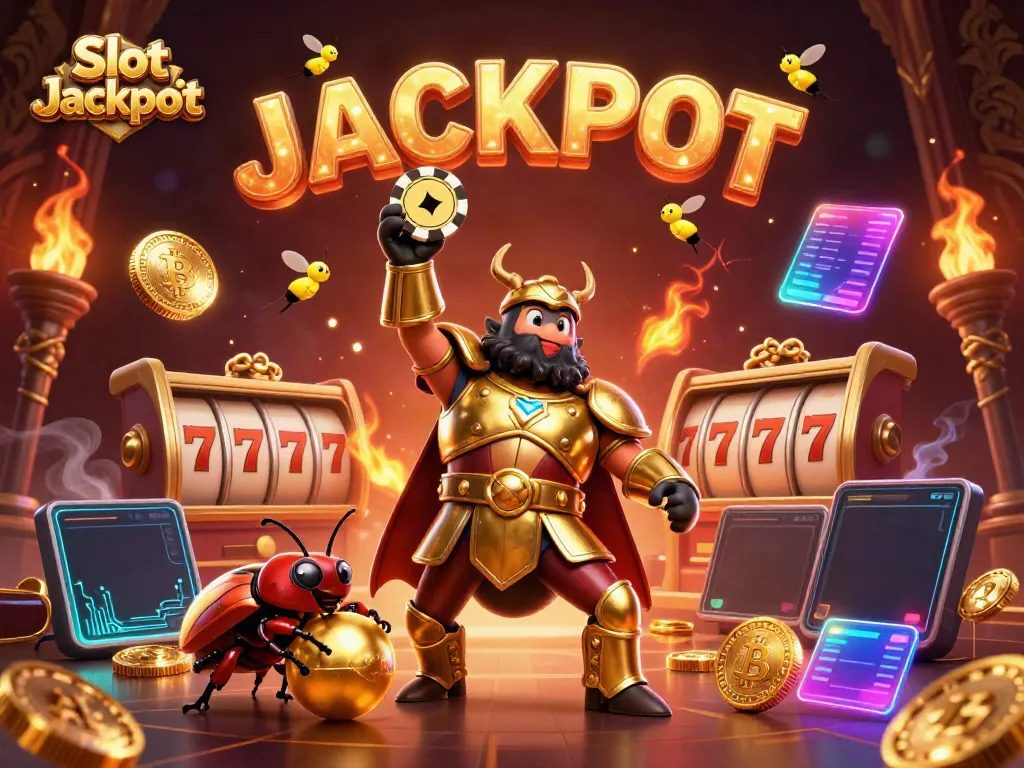 Slot Jackpot: ilustrasi kasino kartun dengan kumbang hewan 3D dan mesin slot berkilau.