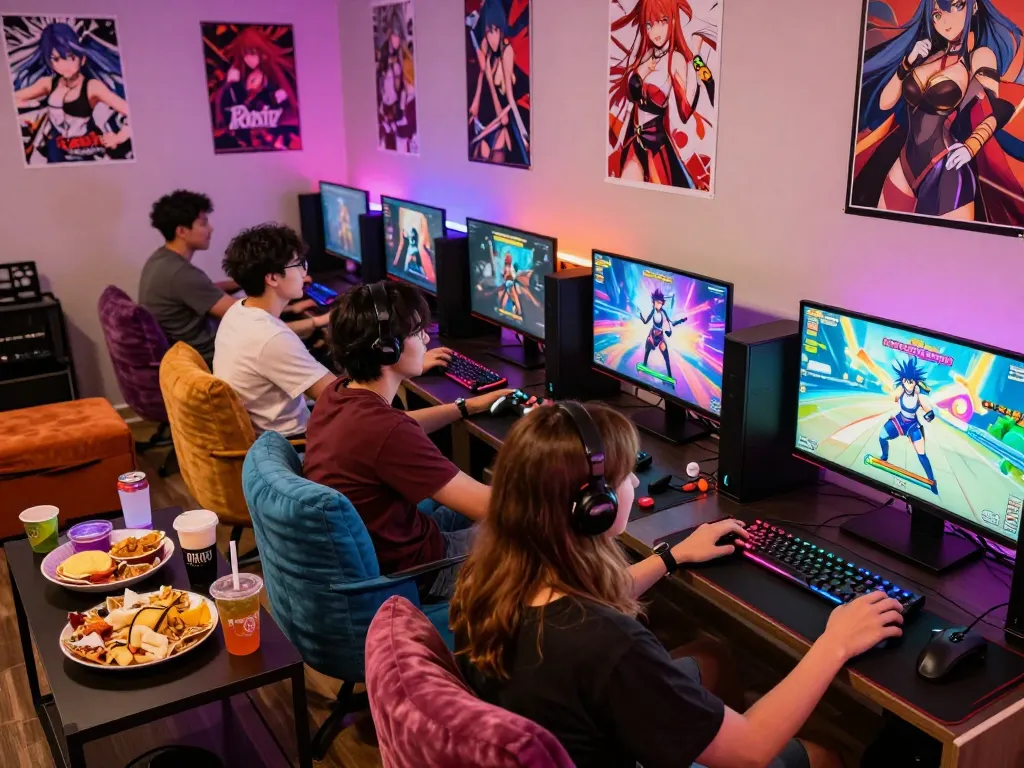 Friends playing engaging hentai games in a vibrant gaming lounge.