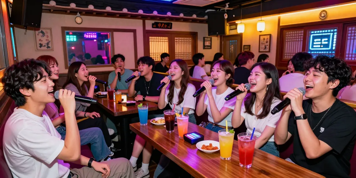 Dynamic 제주유흥 nightlife scene in Jeju Island with vibrant karaoke bar atmosphere