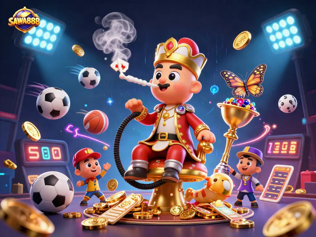 Experience SAWA888 excitement with vibrant casino elements and a whimsical hookah-master setting.