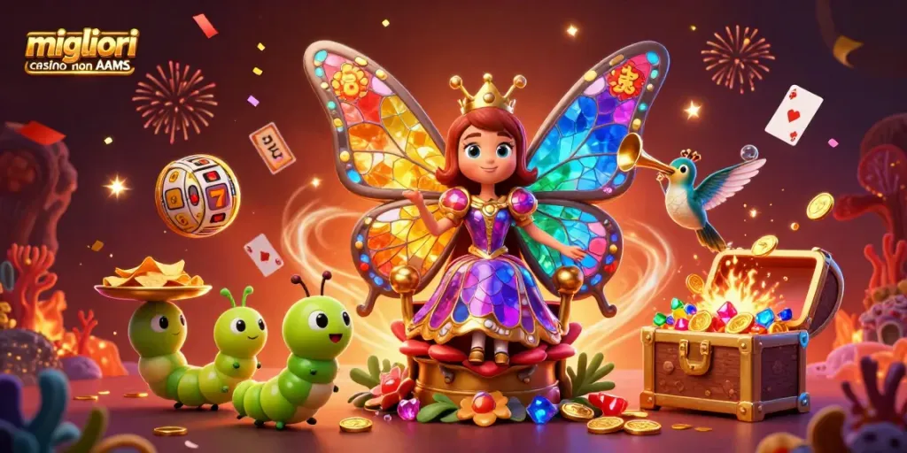 Scopri i migliori casino non AAMS con la regina farfalla e simboli di gioco, un'illustrazione festosa e colorata.