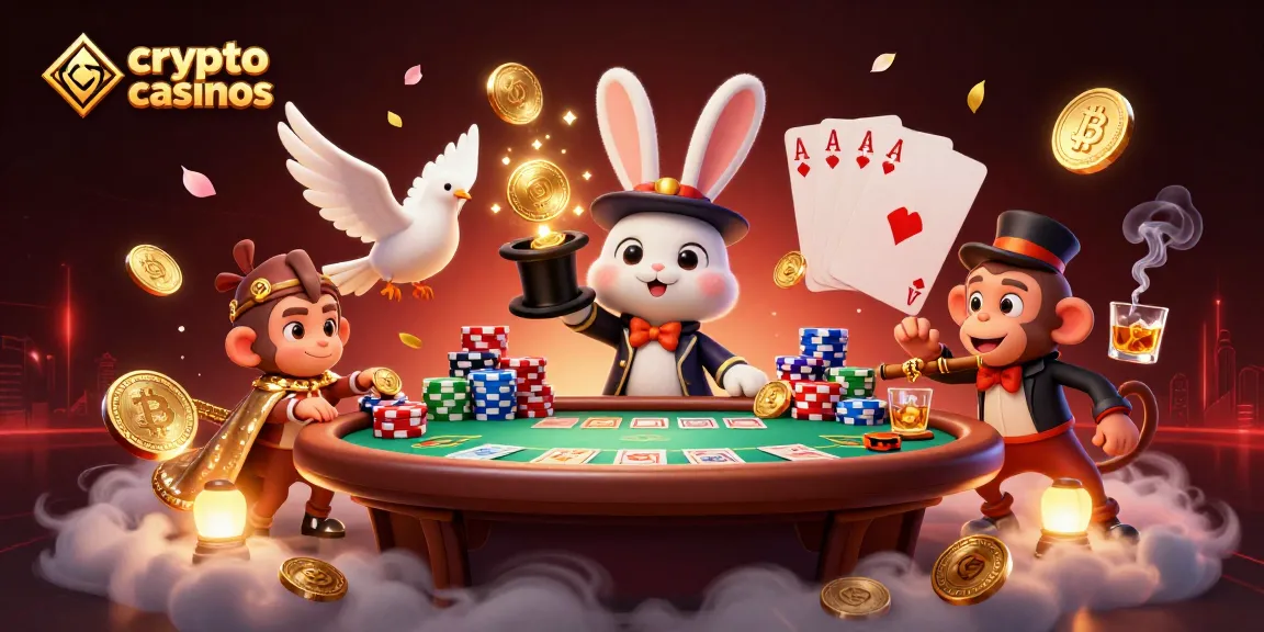 Illustration des crypto casinos avec un lapin magicien et des pièces d'or qui brillent.