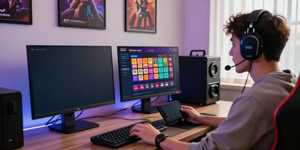 Engaged user exploring situs togel on dual monitors showcasing lottery graphics, modern gaming atmosphere with LED lights.