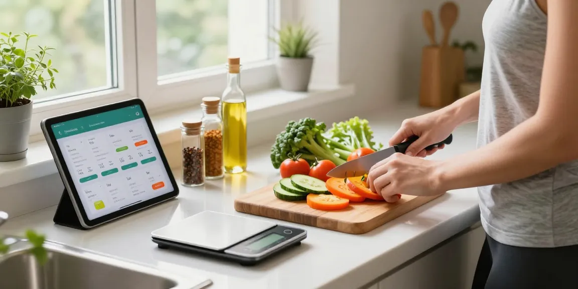 Explore the best calorie tracker with a person preparing a healthy meal in a bright kitchen.
