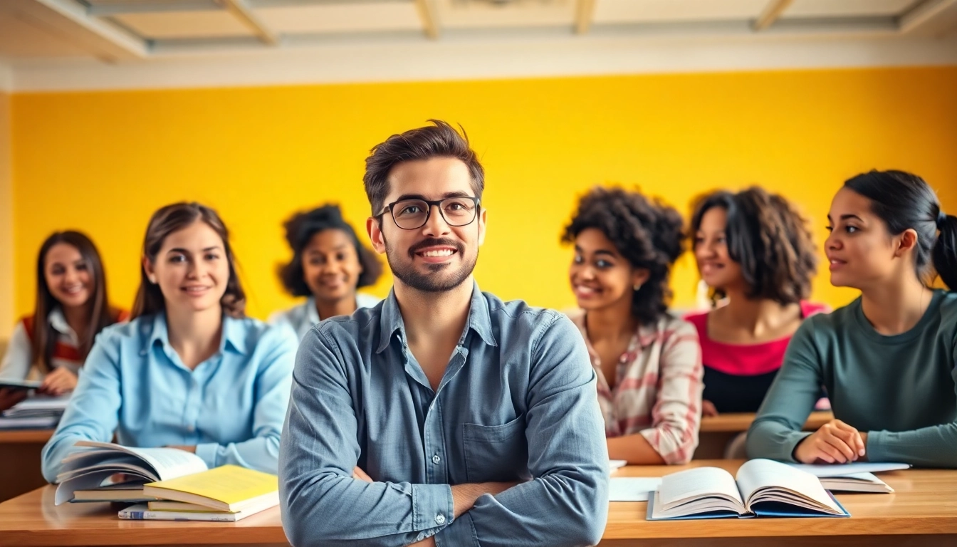 Engaging classroom scene with tutor offering toefl expert help to dedicated students.