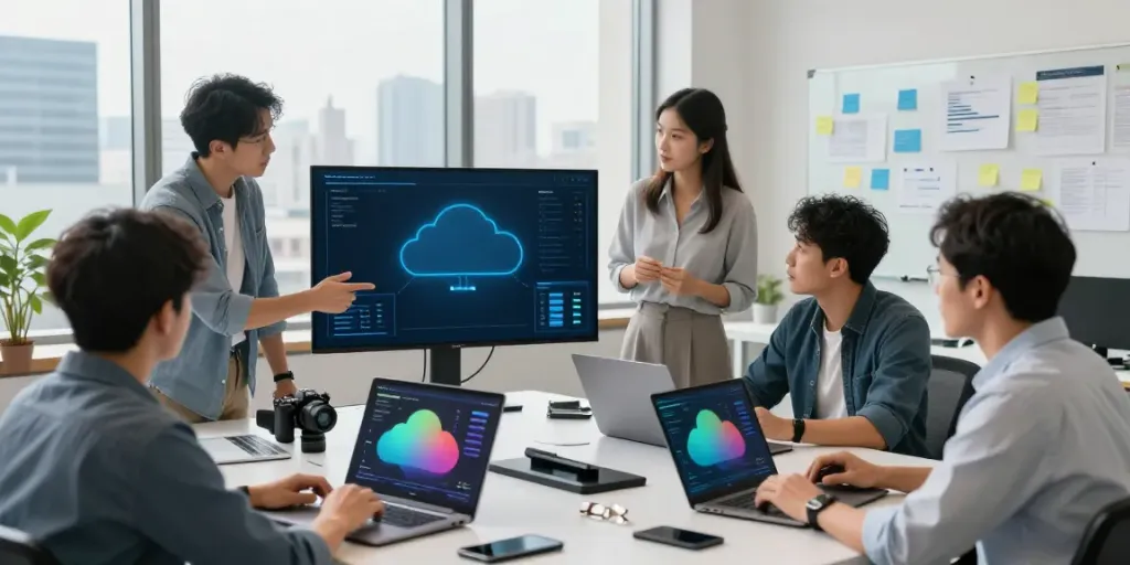 Team strategizing Azure cloud management solutions in a modern office.