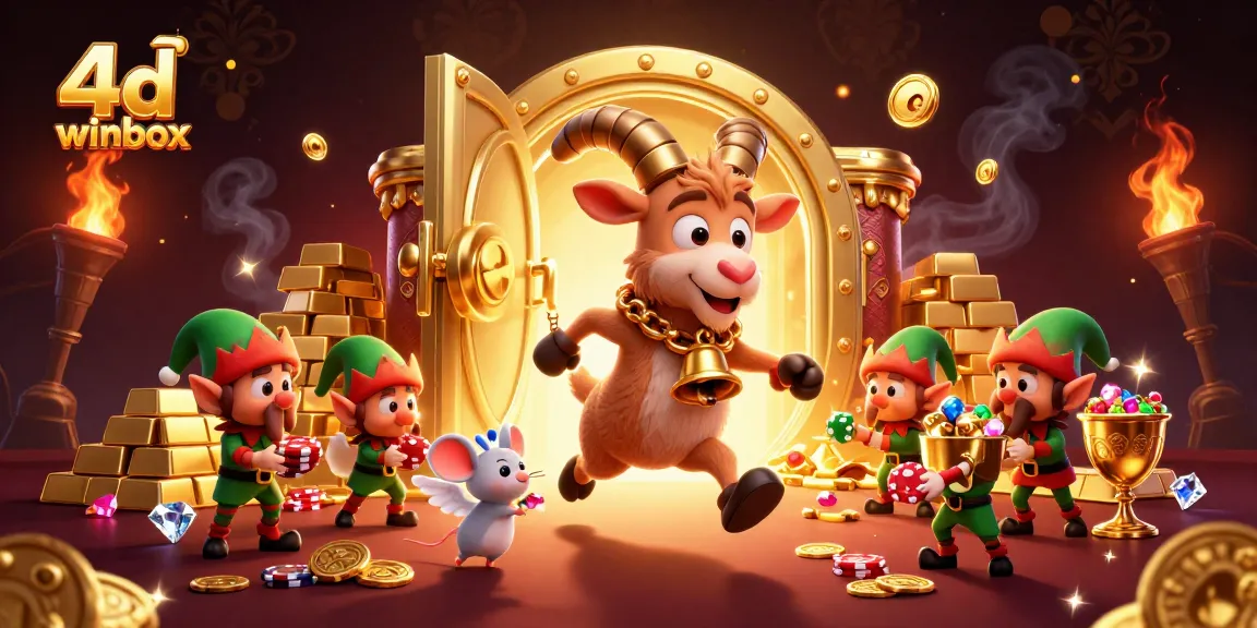 Engage in the excitement of 4d winbox with dynamic gambling scene featuring quirky characters and treasure.