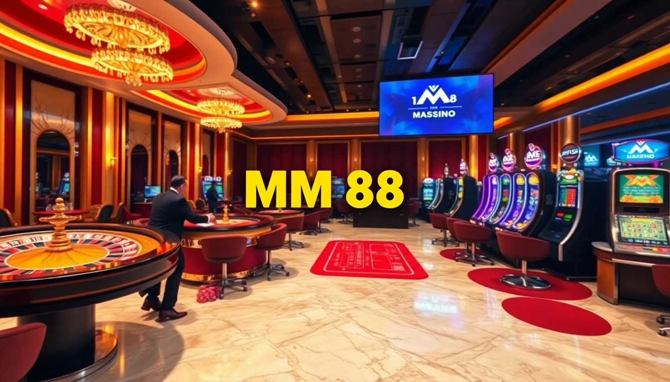 Players enjoying high-stakes gambling at the opulent MM 88 online casino with vibrant roulette wheels and poker tables.