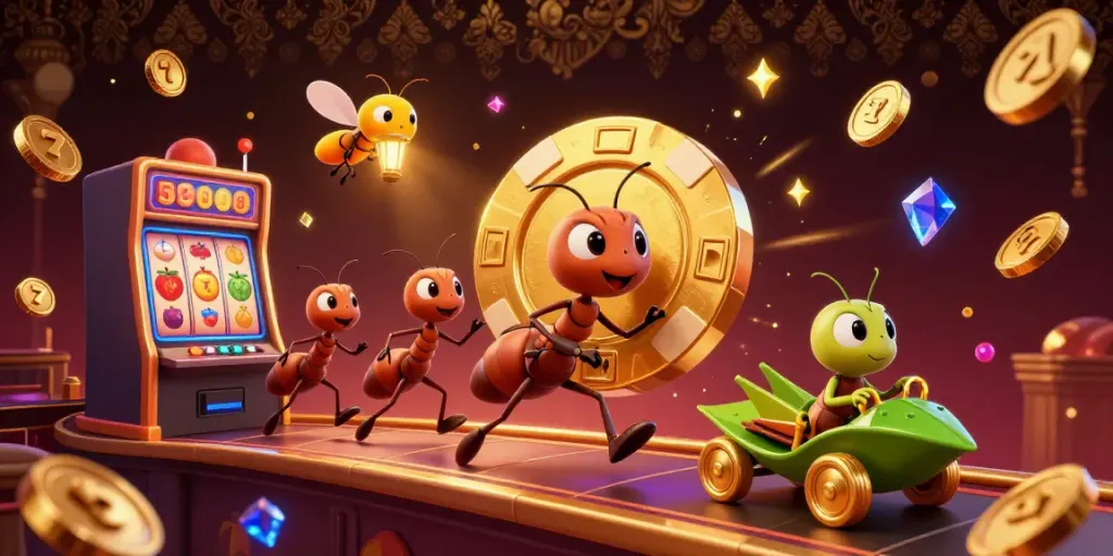 Permainan slot yang seru dengan semut membawa chip emas dan simbol jackpot mengelilingi mereka.